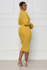 Solid Color High Collar Knits Tie Up Midi Dress TR-1237