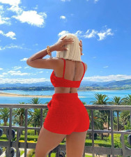 Plush Solid Sling Vest And Shorts Two Piece Set TE-4497