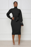 Solid Color High Collar Knits Tie Up Midi Dress TR-1237