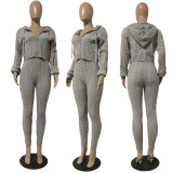 Casual Knits Solid Color Hooded Tops And Tight Pant Sweater Suit GCNF-0204