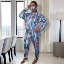 Plus Size Printed Long Sleeve Two Piece Pants Set With Mask XHSY-19493