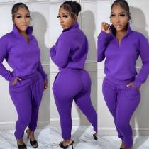 Solid Long Sleeve Sweatshirt And Pant Sport Two Piece Set HMS-5561