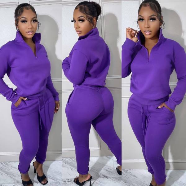 Solid Long Sleeve Sweatshirt And Pant Sport Two Piece Set HMS-5561