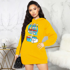 Casual Fleece Printed Hooded Sweatshirt Dress XHSY-19481