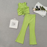 Kids Girls Sleeveless Ruched Drawstring Vest And Flare Pant Two Piece Set GMYF-Y6154