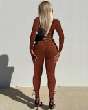 Solid Long Sleeve Crop Tops And Ruched Pant Two Piece Set HEJ-8185