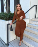 Solid Long Sleeve Crop Tops And Ruched Pant Two Piece Set HEJ-8185