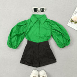 Kids Girls Lantern Sleeve Shirt And Short Two Piece Set GMYF-Y6155