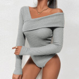 Solid Color Off Shoulder Long Sleeve Bodysuit FSXF-F370