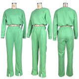 Casual Solid Long Sleeve Split Pant Two Piece Set GZYF-8201