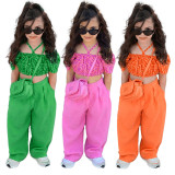 Kids Girls Print Puff Sleeve Crop Top And Straight Pant 2 Piece Set GMYF-Y6178