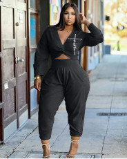 Plus Size Solid Color Casual Long Sleeve Two Piece Pant Set XYMF-88120