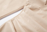 PU Leather Deep V Neck Mini Dress DLSF-21526