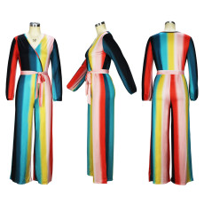 Rainbow Striped Print Waist Belt Jumpsuit  XHSY-19497
