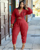 Plus Size Solid Color Casual Long Sleeve Two Piece Pant Set XYMF-88120