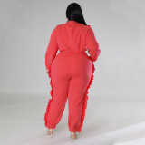 Plus Size Solid Color Ruched Long Sleeve Two Piece Pants Set NNWF-7758