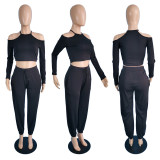 Off Shoulder Crop Tops And Loose Pant Casual Sport Two Piece Set MUKF-092
