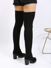 High Heeled Round Toe Square Heeled Knitted Long Boots TWZX-169-111