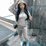 Plus Size Letter Print Plush Hooded Sweatshirt And Pant Two Piece Set GHF-130