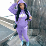 Plus Size Letter Print Plush Hooded Sweatshirt And Pant Two Piece Set GHF-130