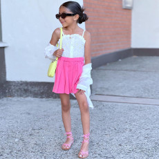 Kids Girls Sling Tops+Loose Shirt+Pleated Skirt 3 Piece Set GMYF-Y0084