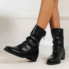 Back Zipper Pleated Short Leather Boots TWZX-905