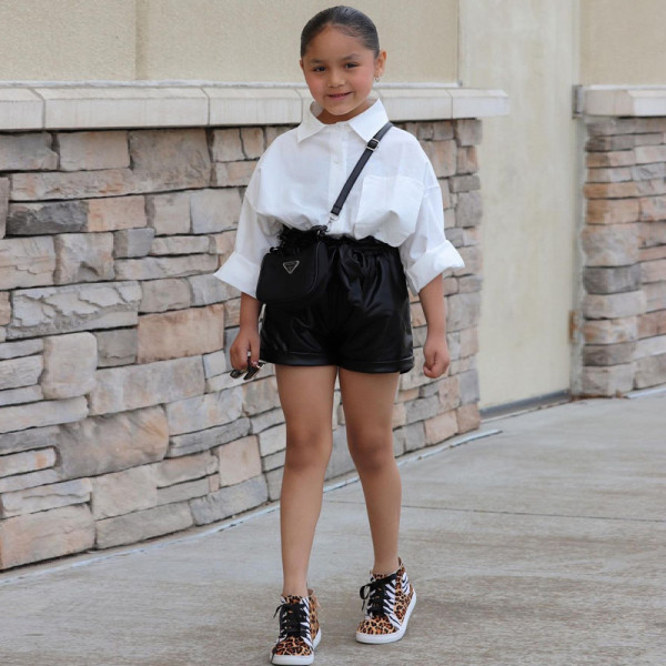 Kids Girls Loose White Shirt And Black Short 2 Piece Set GMYF-Y6104