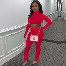 Solid Color Crop Tops And Ruched Pant Two Piece Set TE-4504