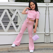 Kids Girls Alphabet Embroidery Short Sleeve Flare Pant Suit GMYF-Y6111