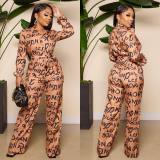 Letter Print Lapel Tie Up Jumpsuit SXF-23911