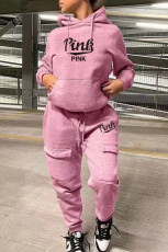 Plus Size PINK Letter Print Hooded Sweatshirt And Pant Sport Suit WAF-775152