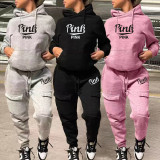 Plus Size PINK Letter Print Hooded Sweatshirt And Pant Sport Suit WAF-775152