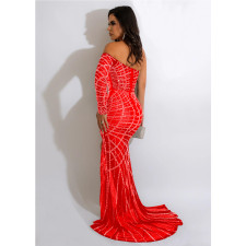 Sexy One Shoulder Hot Drilling Split Dress BY-6060