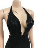 Sexy Sequin Mesh Backless Tassel Jumpsuit BY-6086