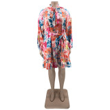 Plus Size Long Sleeve Sashes Print Dress OSIF-22508