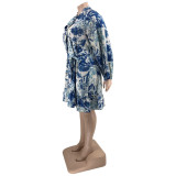 Plus Size Long Sleeve Sashes Print Dress OSIF-22508