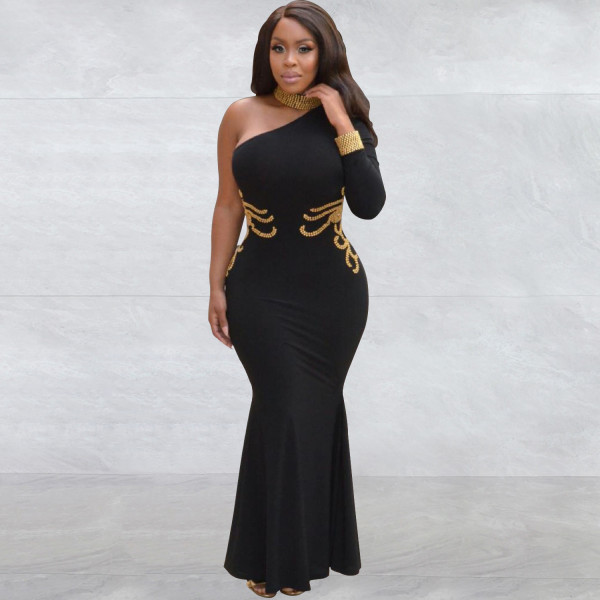 Solid Hot Drilling One Shoulder Sleeve Maxi Dress BY-6101