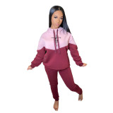 Casual Color Blocking Hooded Sweatshirt Two Piece Pant Set OUQF-A037