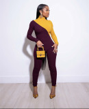 Plus Size Fashion Color Blocking Zipper Slim Jumpsuit AMLF-3043