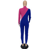 Plus Size Fashion Color Blocking Zipper Slim Jumpsuit AMLF-3043