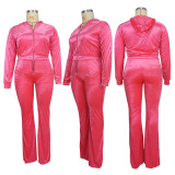 Plus Size Solid Color Velvet Hooded Pants Two Piece Set YD-8675