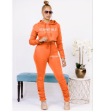 Solid Color Hooded Sweatshirt And Ruched Pant Print Sport Suit HM-6630