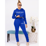 Solid Color Hooded Sweatshirt And Ruched Pant Print Sport Suit HM-6630