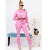 Solid Color Hooded Sweatshirt And Ruched Pant Print Sport Suit HM-6630