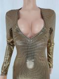 Fashion Gold Blocking Deep V Neck Midi Dress FENF-257