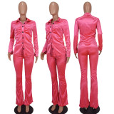 Solid Long Sleeve Shirt And Micro Flare Pant 2 Piece Set YD-8672
