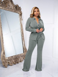 Solid Long Sleeve Shirt And Micro Flare Pant 2 Piece Set YD-8672