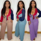 Color Blocking Tie Up Tops And Wide Leg Pant Two Piece Set NM-8542