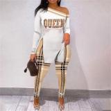 Print Slash Shoulder Long Sleeve Pant 2 Piece Set SHD-9402