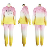 Letter Print Gradient Hooded Sweatshirt Two Piece Pant Set XHSY-19525